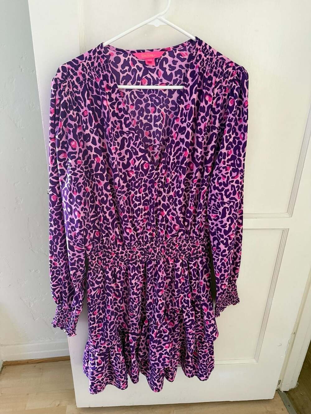 Lilly Pulitzer Cristiana Smocked Dress Purple Leopard Print
